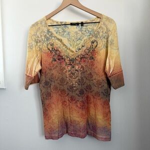 Y2K XL Paisley Henley Short Sleeve Tee Rib Yellow Red Orange Fire Floral